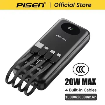 PISEN 3C Certified Power Bank 10000mAh & 20000mAh 20W Fast Charging Powerbank With 4 Built-in Cables For iPhone Samsung Xiaomi