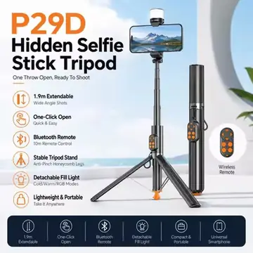 P29D Bluetooth Selfie Stick Tripod, Portable Hidden Phone Stand with Remote, Extendable Monopod for Live Vlog