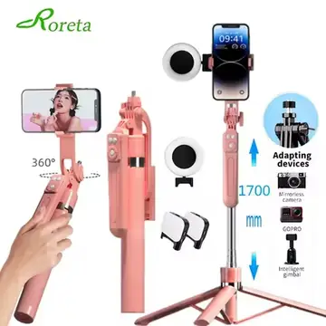 Roreta 360° Rotation 1.7M Selfie Stick Wireless Stand with Light Bluetooth Remote Extendable Tripod for iPhone Live Streaming