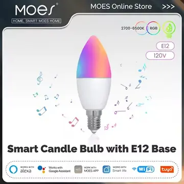 MOES Smart Candle LED Bulb E12 WiFi Tuya 5W RGBCCT 16 Million Colors 2700–6500K Voice Control Supported