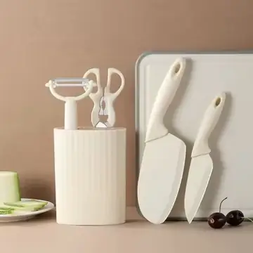 Stainless Steel Kitchen Knife and Scissors Five-Piece Set [Including Knife Holder] Household Fruit Knife, Slicing Knife, Scissors, Melon Peeler, Knife Holder, Complete Home Set