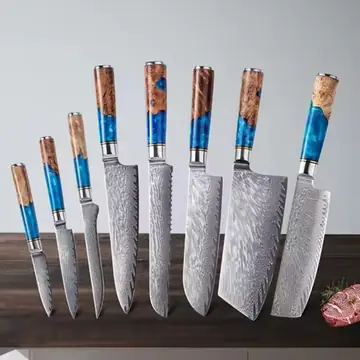 1-8pcs Professional kitchen knife set Damascus Steel Set for Meat Cutting Sushi Peeling and Boning Blue Resin Wood Handle