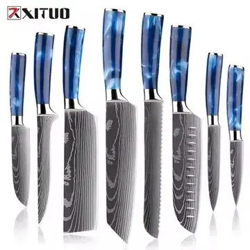 Stainless Steel Chef Knife Kitchen Knife Set 1-8Piece Razor-Sharp Paring Knife, Boning Knife, Santoku Knife, Blue Resin Handle