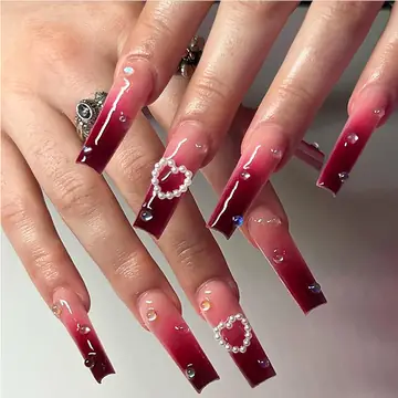 24 PCS Red Heart Nail Art, Long Length Long Water Pipe Fake Nails,Square Head Nail Tips False Nail