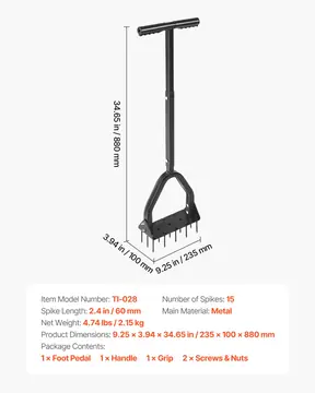 Lawn Aerator, 9.2 In Manual Core Aerator Tool With 15 Iron Spikes, Long Handle & Wide Plate, Heavy Duty Grass Aeration Tool, Yard Aerators For Compacted Hardened Soil Lawn Aeration