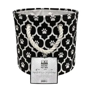 Bone Dry Polyester Round Pet Bin Size Small In Black With Lattice Paw Design