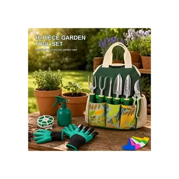 16 Piece Garden Tool Set Aluminum Alloy Gardening Hand Tools Kit with Floral Tote Bag Gloves Spray Bottle Plant Labels Twist Tie Trowel Transplanter Weeder Cultivator Hand Fork and Pruning Shears for Planting Weeding Pruning