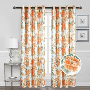 Floral Blackout With Foil Grommet Curtain Orange