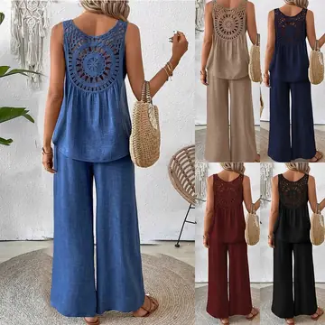 2 Pieces Set Women's Sleeveless Solid Color Back Hollow Lace Suit Summmer Trendy Casual Top Wide Leg Pants Set For Daily Wear Holiday Outfit