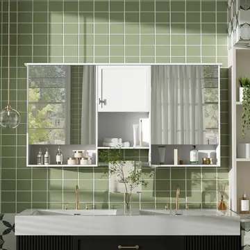 55 Inch Wall-Mount 3-in-1 Mirror Cabinet With Adjustable Shelf, Soft-Closing Hinges, High-Quality MDF, For Bathroom Vanity, Living Room, Bedroom Storage Organizer