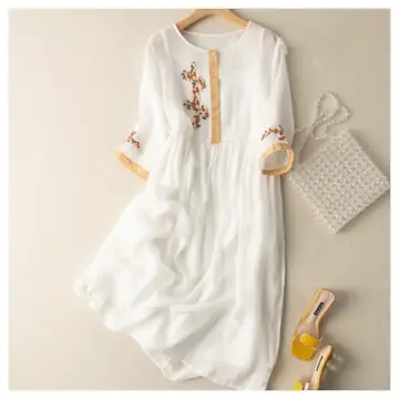 Artistic Ethnic Style Linen Cotton Embroidery Loose Half Sleeve Dress