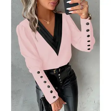 Autumn Fashion V-neck Solid Color Long Sleeve Button Ladies Shirt Blouse