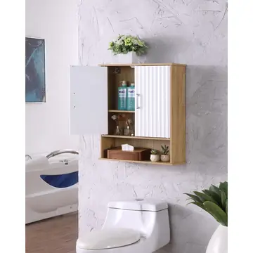 Bathroom Wall Cabinet With Double - Door, Bottom Shelf, Wavy - Patterned Doors, Adjustable Inner Shelf, Easy Installation, White & Natural Wood