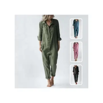 Casual Long Sleeve Jumpsuit With Pockets Fashion Loose Lapel Button Romper Pants Womens Clothing