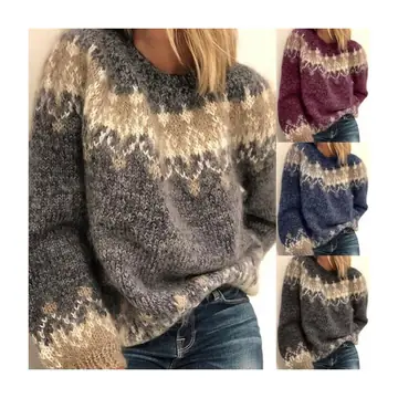 Casual Pullover Jacquard Sweater Autumn And Winter Fashion Ethnic Style Knitted Tops Women's Clothing