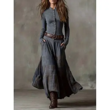 Casual Stand-up Collar Button-down Plaid Patchwork Slim-fit Dress