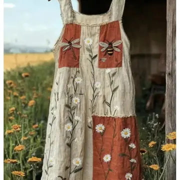 Color-blocked Floral Print Camisole Loose Midi Dress Women's Sleeveless Pastoral Style Dress