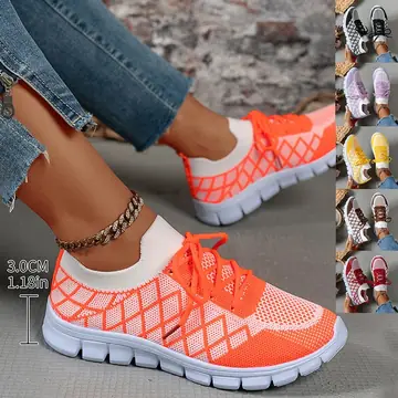 Colorblock Plaid Lace-Up Flyknit Sneakers Ins Mesh Casual Shoes Fashion Breathable Walking Running Sports Shoes For Women