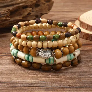 Colorful Wooden Bead Small Flower Filament Five-piece Bracelet