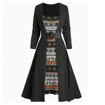 Commuter Long Sleeve Stitching Sunken Stripe Dress