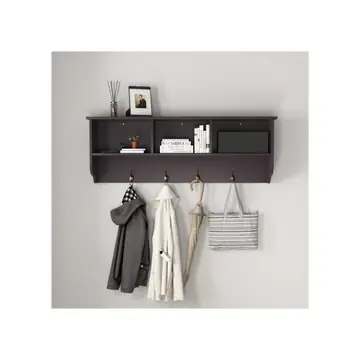 Espresso Entryway Wall Mounted Coat Rack With 4 Dual Hooks Living Room Wooden Storage Shelf