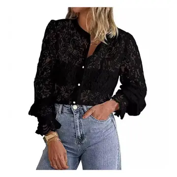 European And American Ladies Fashion Casual Lace Shirt Long Sleeve Button Shirt