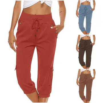 European And American Ladies Solid Color Drawstring Loose Leisure Workwear Wide Leg Straight Cropped Pants