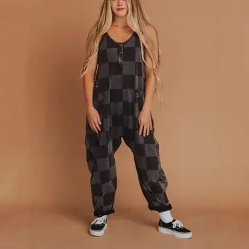 Fashion Plaid Colored Mosaic Loose Casual Jumpsuit