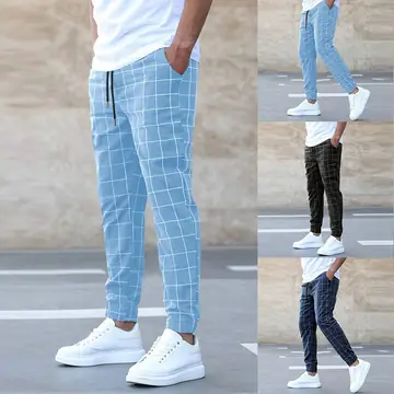 Fashion Plaid Print Pants Casual Drawstring Trousers Men's Clothing