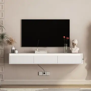 Floating TV Stand, Wall Mounted TV Shelf With Led Lights & Power Outlet,Cabinet For White Tv Stands For Living Room
