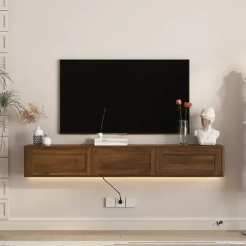 Floating TV Stand, Wall Mounted TV Shelf With Led Lights & Power Outlet,High Gloss TV Cabinet For Wood Tv Stands For Living Room