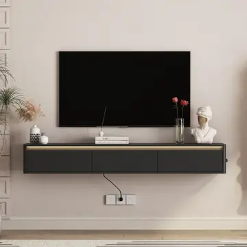 Floating TV Stand, Wall Mounted TV Shelf With Led Lights & Power Outlet,High TV Cabinet For Black Tv Stands For Living Room