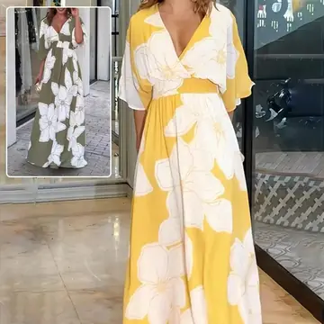 Flower Printed V-neck Batwing-sleeved Dress Fashion Elegant Backless Long Dresses Women's Clothing