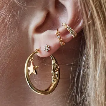 Geometric Face Moon Diamond Embedded Star Flower Stud Earrings