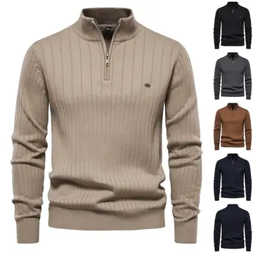 Half-zipper Pullover Sweater Men's Fashion Casual Stand Collar Long-sleeved Knitted Tops Fall Winter Clothing