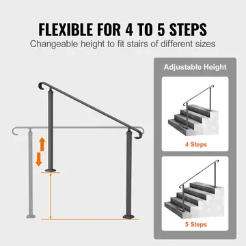 Handrails For Outdoor Steps, Fit 3-5 Steps Outdoor Stair Railing, Wrought Iron Handrail, Flexible Front Porch Hand Rail, Black Transitional Hand Railings For Concrete Steps Or Wood