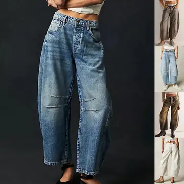 High Stretch Mid-Rise Barrel Jeans Fashion Wide Leg Shape Women Casual Baggy Mid Waist Denim Jeans