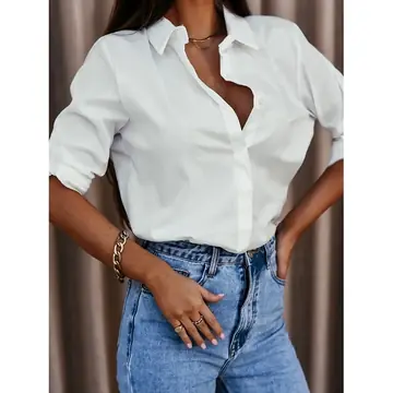 Lapel Long Sleeve Shirt Women's Button-up Tops Clothing