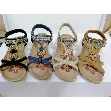 Large Size Flat Sandals Flower Rhinestone Sandals Beach Shoes