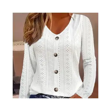Long Sleeve Shirt Button Front V Neck Blouse Women's Clothing