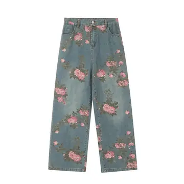 Men's Full Printed Rose Denim Trousers
