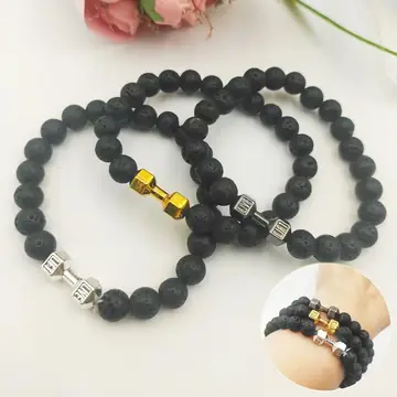 Men's Jewelry Alloy Metal Barbell & Lava Rock Stone Beads Fitness Fashion Dumbbell Bracelet