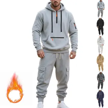 Men's Loose Sports And Leisure Suit Sweater Fleece-lined Hoodie Set Zipper Multi-Pocket Pullover Men's Sports Casual Top Two-piece Set