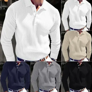 Men's Polo T-shirt With A Turn-down Collar Spring Summer Business Buttoned Long-sleeve Sports Retro Style Striped Polo Shirt For Daily Wear