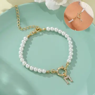 New Fashion Toggle Clasp Initial Bracelet Women A-Z Letter Pendant 6mm Pearl Bracelet For Women Jewelry Gift