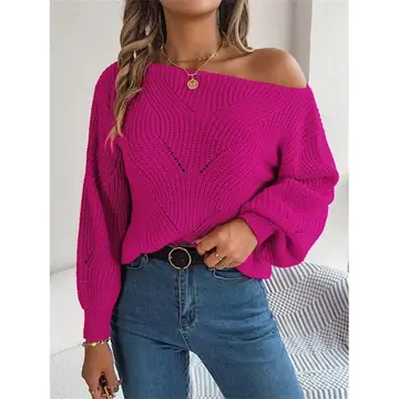 Off Shoulder Solid Color Sweater, Sexy Lantern Long Sleeve Sweater For Fall & Winter, Women's Clothing