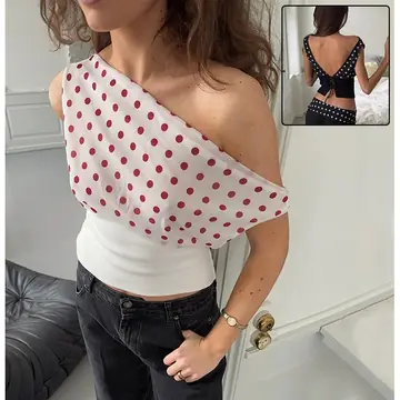 Polka Dots Print Oblique Shoulder Tops Summer Patchwork Chiffon Crop Top Women Sexy Sleeveless Lace Up Backless Blouse Casual Streetwear Tee
