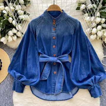 Retro Lace-up Waist-controlled Stand-up Collar Puff Sleeve Denim Top