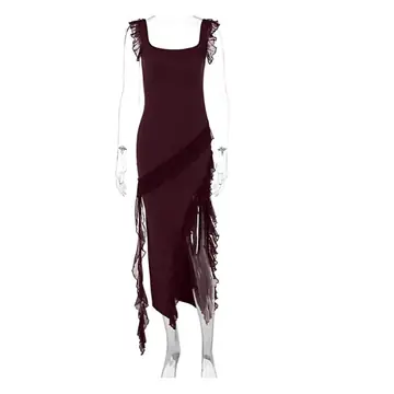 Ruffle Thigh High Split Dress Women Sexy Spaghetti Strap Square Neck Backless Suspender Dresses For Evening Praty Clothing