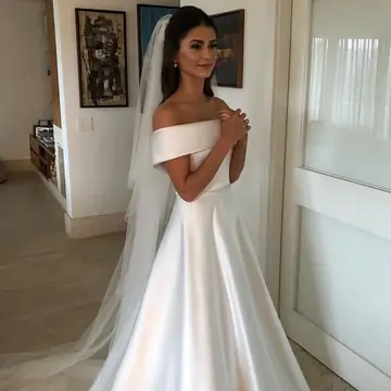 Simple A Line Wedding Dresses Satin Off The Shoulder Wedding Bridal Gowns Sweep Train Casual Dresses Zipper With Buttons Back